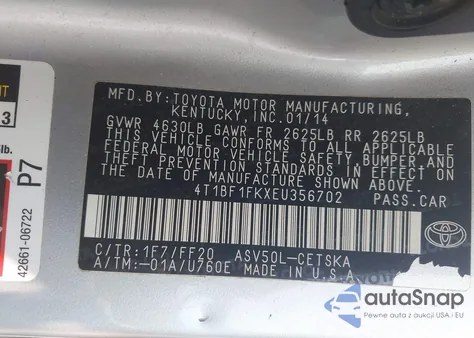 2014 Toyota Camry Se from USA, damaged, VIN 4T1BF1FKXEU356702
